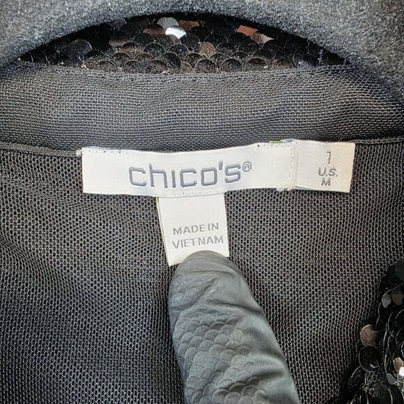 Chicos Jacket Womens Medium Black Sequin Collared Shimmer Party Blazer Top - Picture 2 of 7